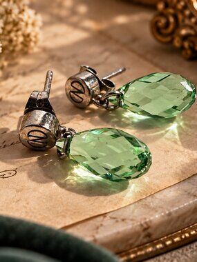 Caroline Neron Vintage Light Green Crystal Drop Earrings